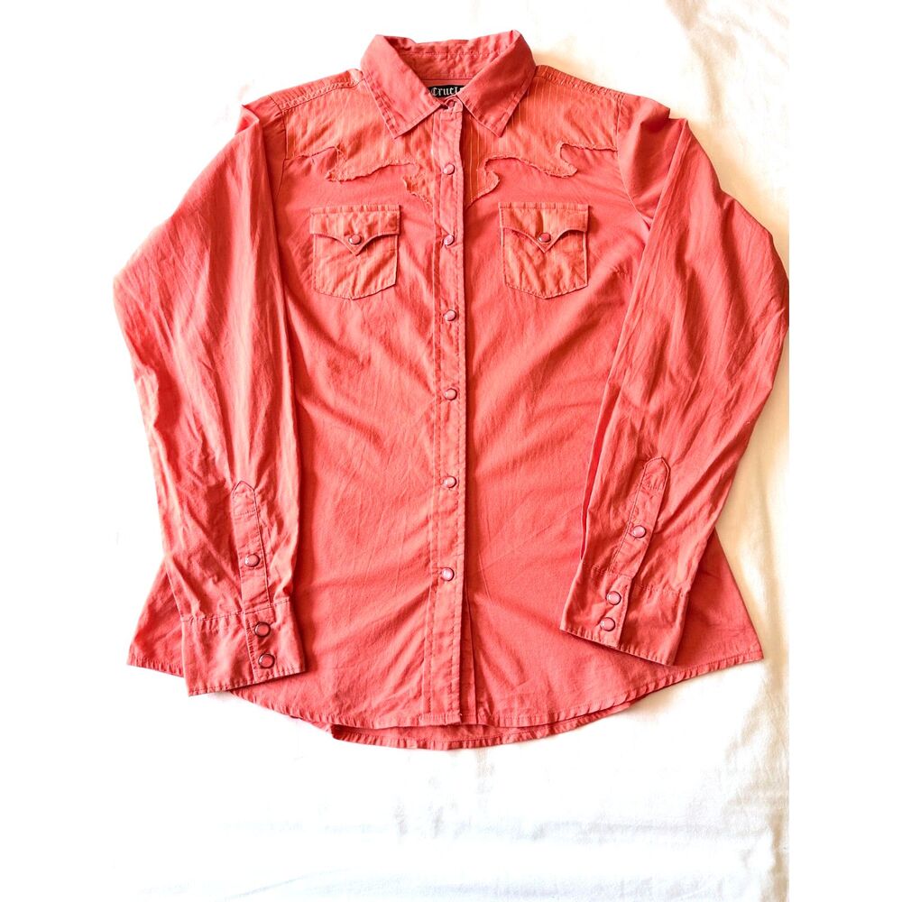Cruel Denim Womens Large Coral Western Snap Front Shirt Frayed Yoke Metallic L